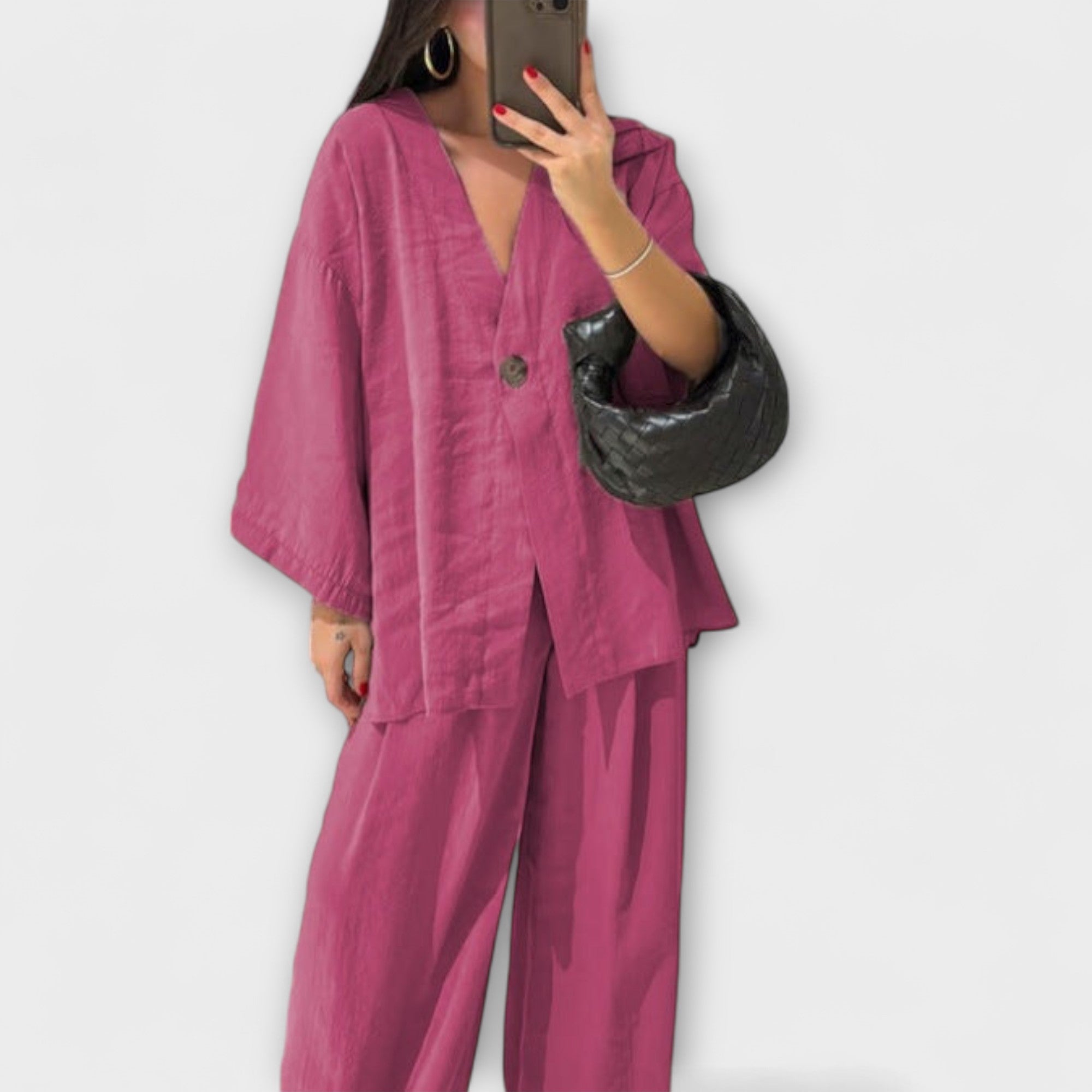 Jacqueline - Casual τοπ με V λαιμόκοψη και παντελόνι δίδυμο