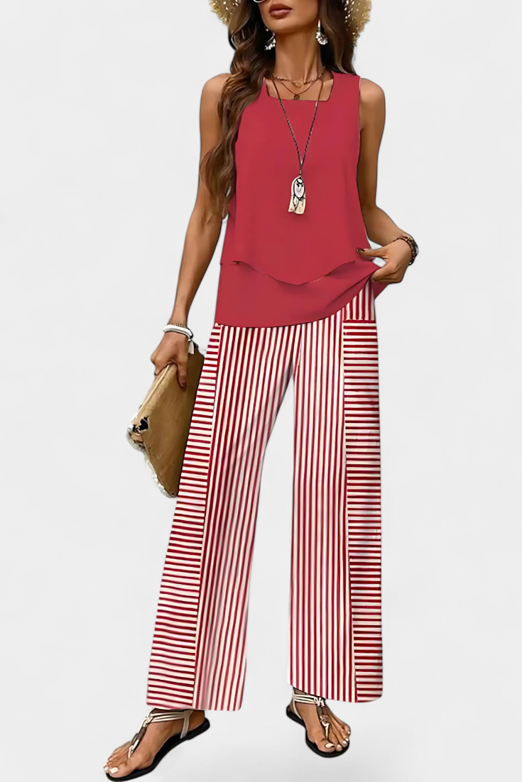 Martina Κομψό Boho Σετ χωρίς Μανίκια με Ίσιο Παντελόνι με Μοτίβο