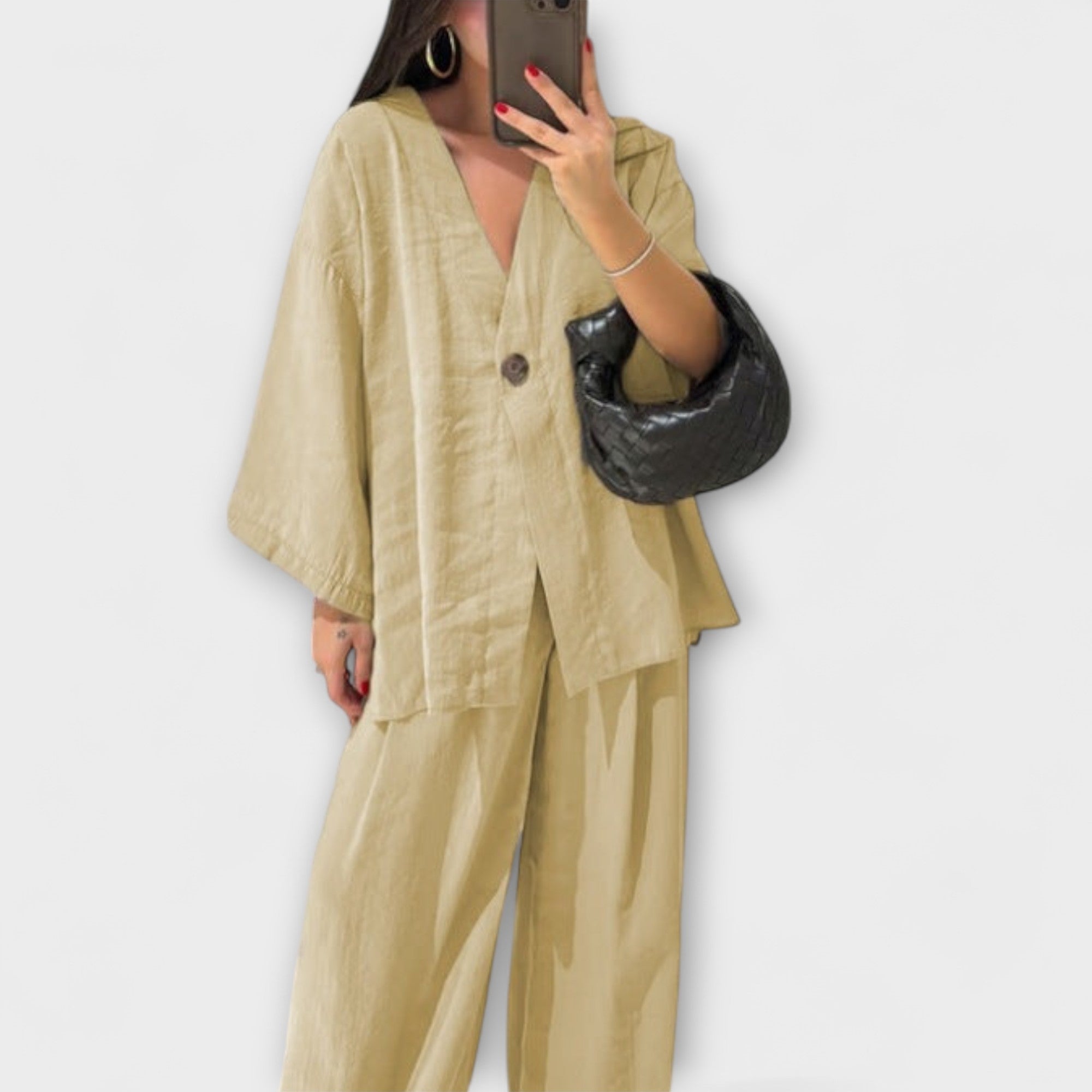 Jacqueline - Casual τοπ με V λαιμόκοψη και παντελόνι δίδυμο