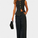 Ludovica Τζιν Σετ με Εφαρμοστό Γιλέκο και Παντελόνι με Φαρδύ Μπατζάκι