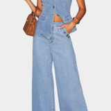 Ludovica Τζιν Σετ με Εφαρμοστό Γιλέκο και Παντελόνι με Φαρδύ Μπατζάκι