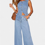 Ludovica Τζιν Σετ με Εφαρμοστό Γιλέκο και Παντελόνι με Φαρδύ Μπατζάκι