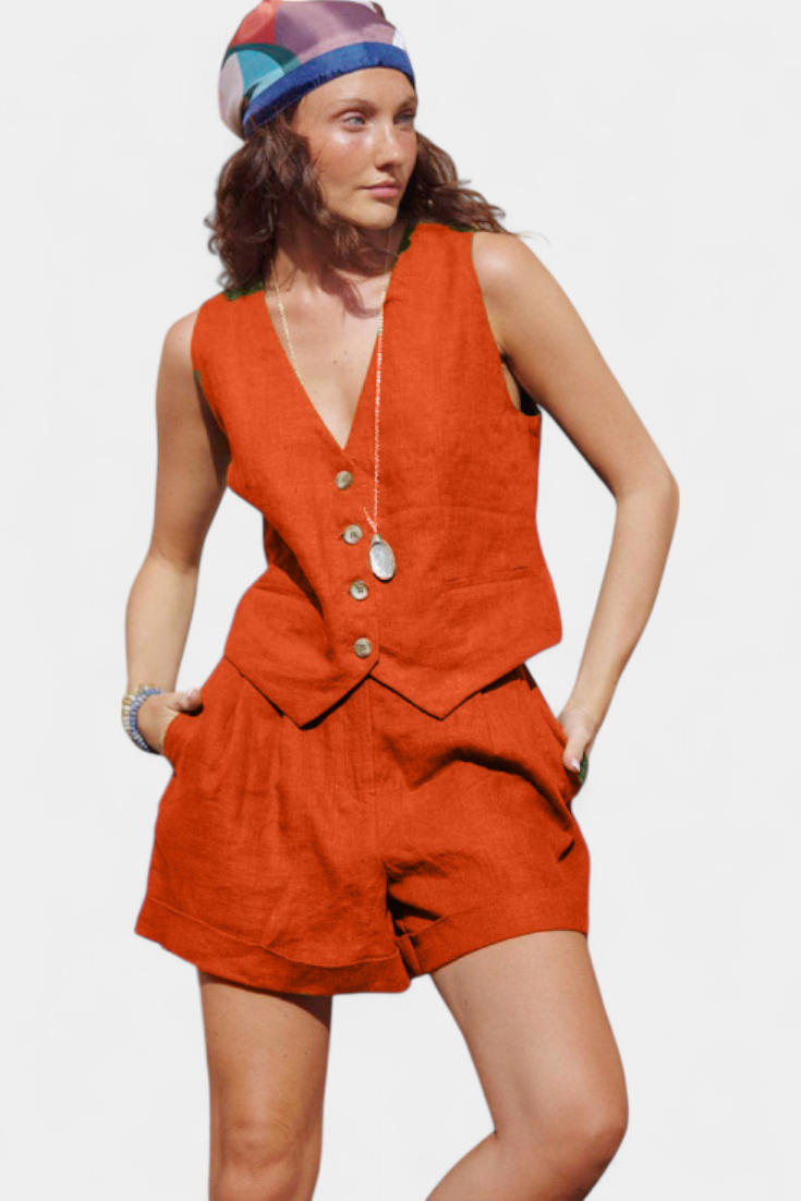 Σετ με Γιλέκο και Σορτς από Λινό Βαμβάκι