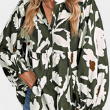 Filomena Μπλούζα με Μισό Κουμπιά, Φουσκωτά Μανίκια και Αφηρημένο Φλοράλ Σχέδιο