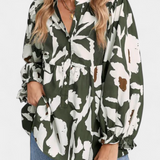 Filomena Μπλούζα με Μισό Κουμπιά, Φουσκωτά Μανίκια και Αφηρημένο Φλοράλ Σχέδιο