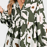 Filomena Μπλούζα με Μισό Κουμπιά, Φουσκωτά Μανίκια και Αφηρημένο Φλοράλ Σχέδιο