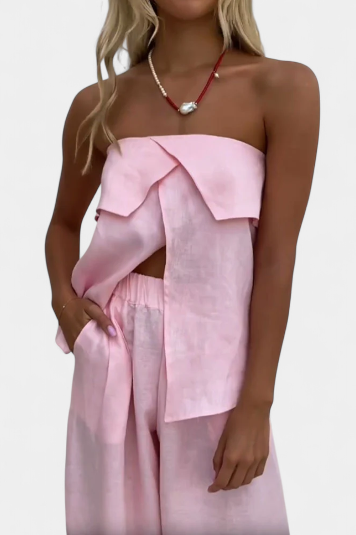 Oriana Στράπλες Σετ με Φούστα με Σκίσιμο σε Μονόχρωμο Σχέδιο